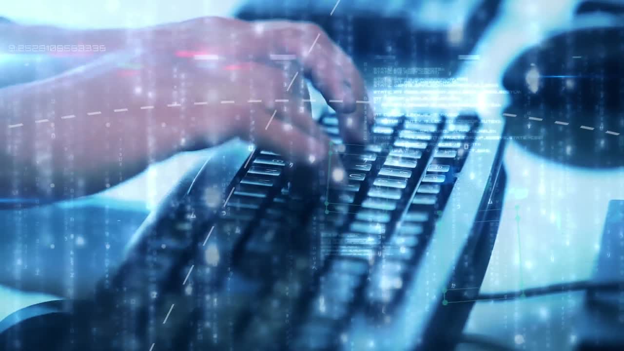 컴퓨터 키보드에서 타이핑하는 사람에 대한 연결 네트워크의 애니메이션