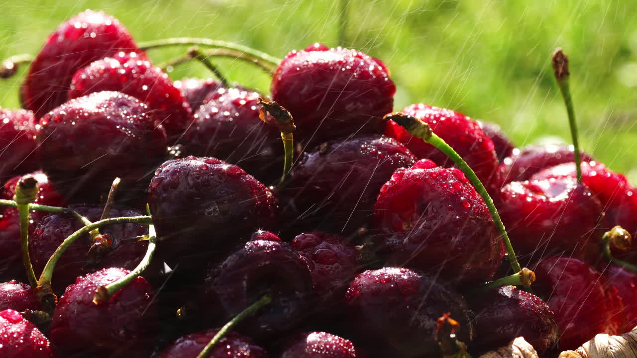 빨간 익은 달 ⁇ 한 체리는 풀 위에 바구니에 물방울과 함께 클로즈업