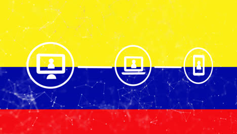 animation of icons and network of connections over flag of colombia