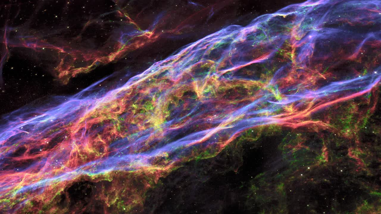 Flying into the Veil Nebula in outer space, also known as Cygnus Loop or NGC 6960.