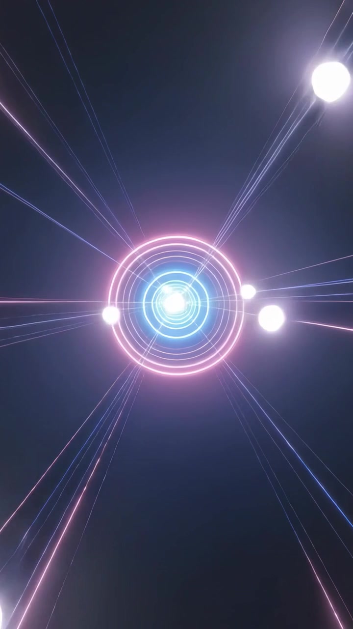 Vertical video: Pulsing core driving concentric neon rings sending orbs around radial beams in void