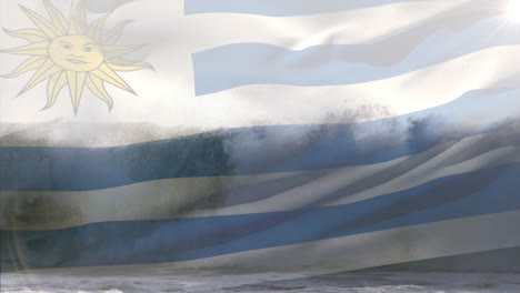 Composición-Digital-De-Ondear-La-Bandera-De-Uruguay-Contra-Las-Olas-En-El-Mar