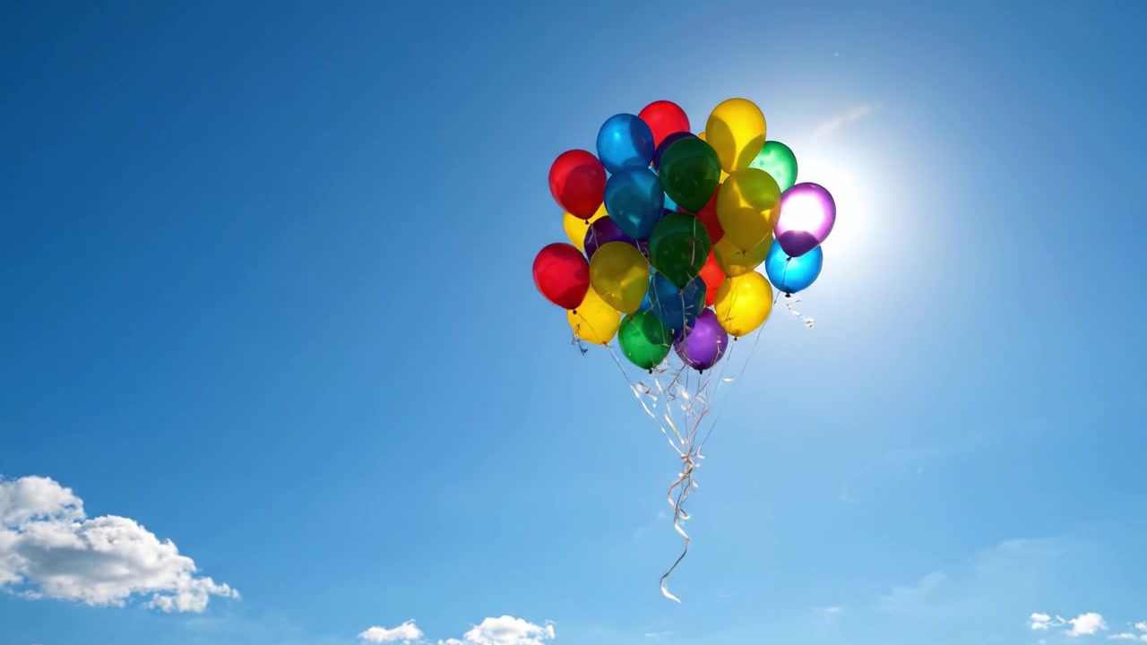 Uno spettacolo vibrante di palloncini colorati contro un cielo azzurro limpido, illuminato da un sole splendente, che cattura l'essenza gioiosa della celebrazione e della libertà.