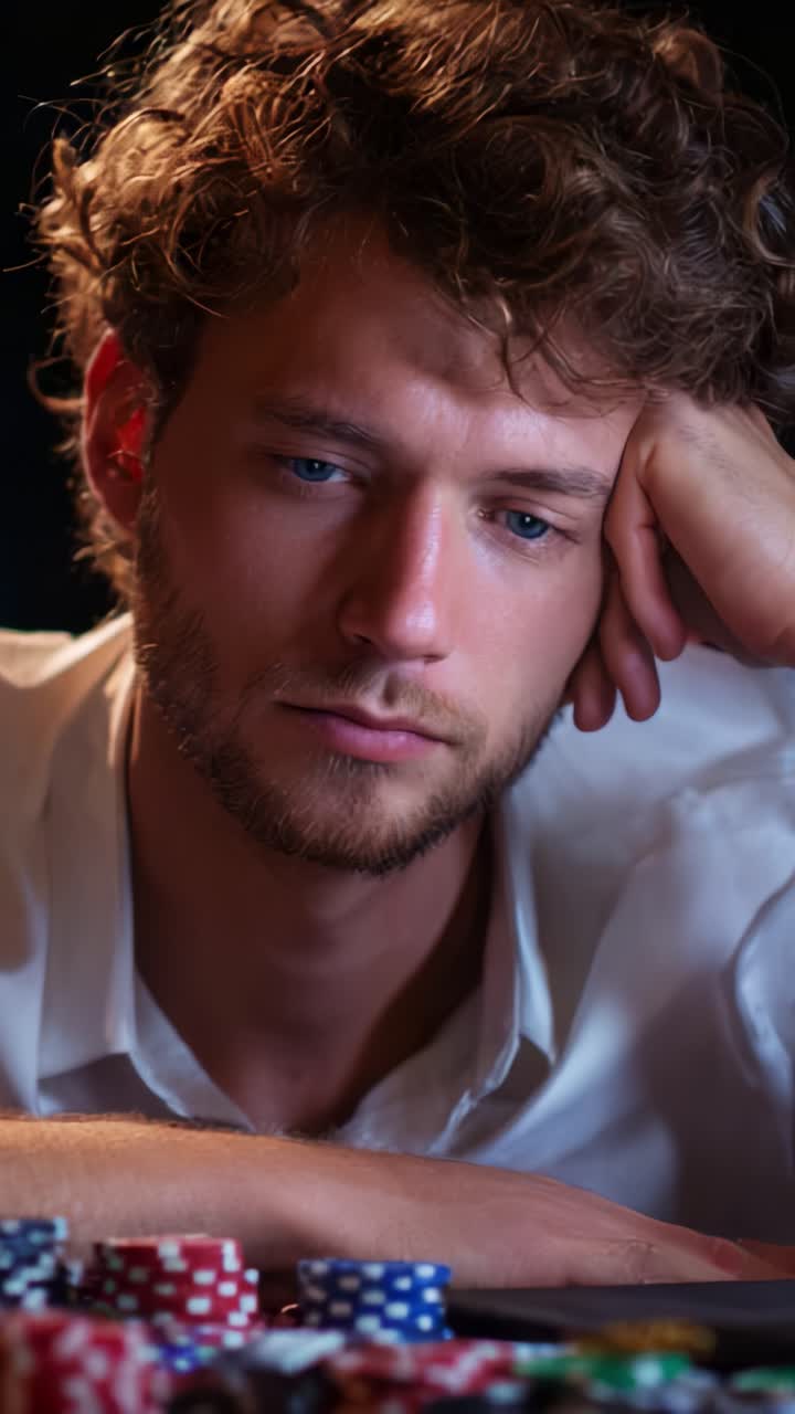 A Young Man Contemplates Over Poker Chips, Reflecting on His Choices As He Drifts into Sleep, Capturing the Intensity of Gaming and Personal Reflection