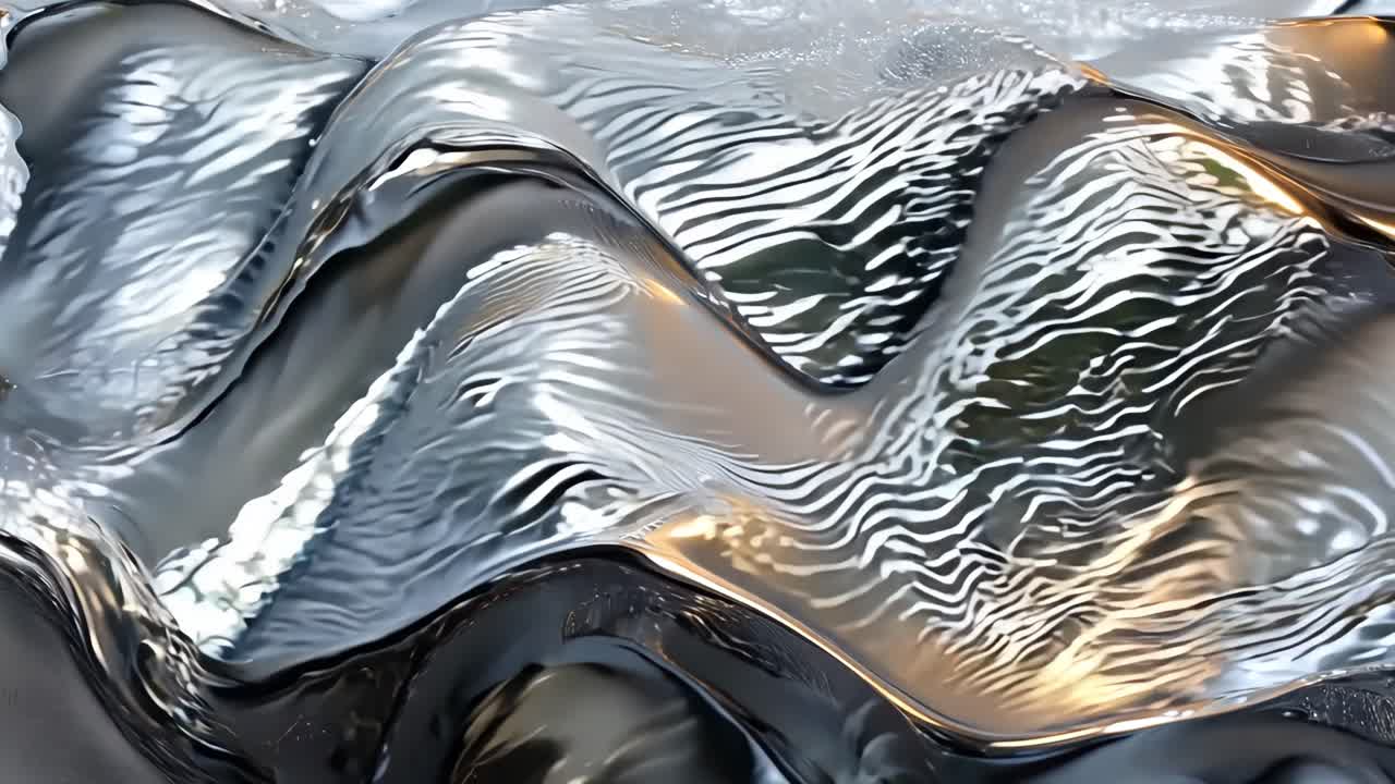 The image is a silver and gold wave that appears to be made of metal. The wave is very long and has a very shiny appearance. Scene is very calm and serene