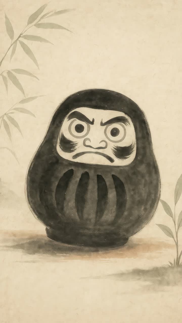 A watercolor illustration of a Daruma doll with bamboo accents