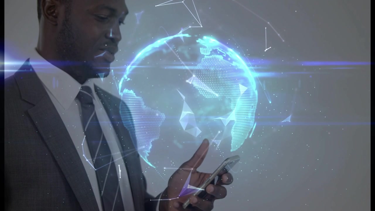 Tech executive tapping phone, projecting holographic globe, analyzing data, nodes connecting