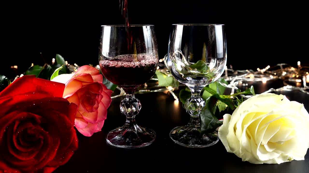 Taças de vinho e rosa contra o fundo de guirlandas brilhantes