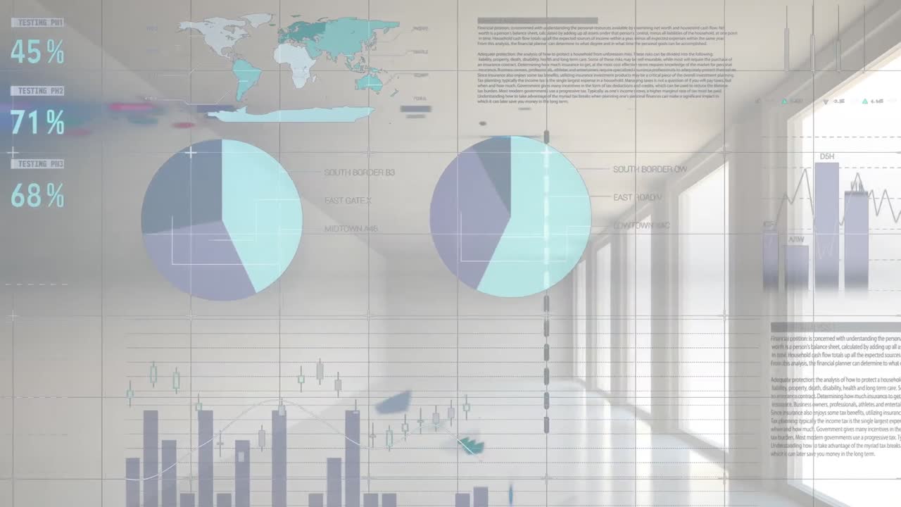 animación del procesamiento de datos estadísticos a través de la red de red contra el corredor de oficinas vacío