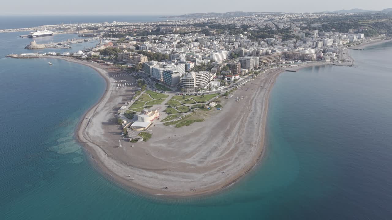 Stunning aerial view of Rhodes beach showing where the Aegean Sea meets the Mediterranean. Clear blue waters and waves. Filmed in D-Log M profile.