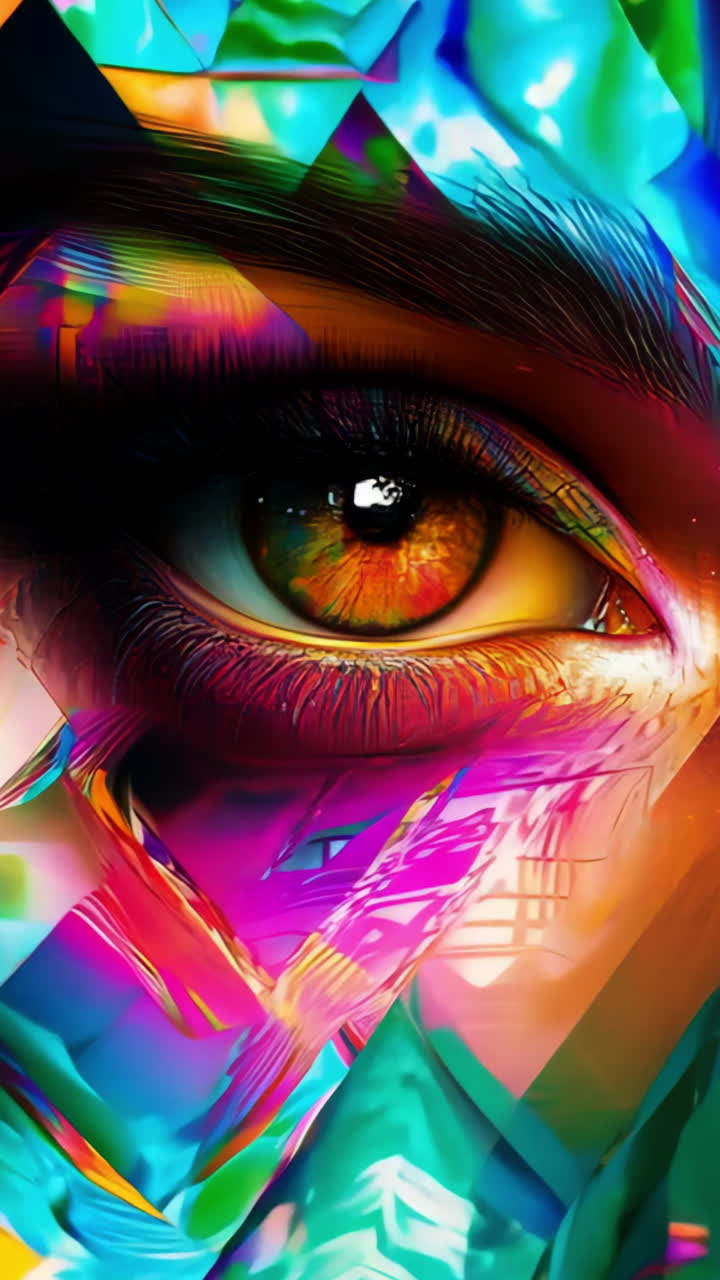 A colorful painting of a woman's eyes with a triangle in the corner. The painting is abstract and has a vibrant, energetic feel to it