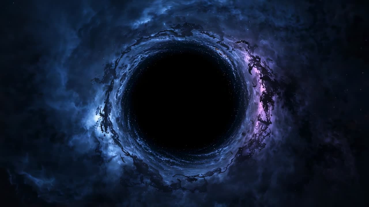 Driven by gravity, nebular clouds swirling around central void in outer space, with star speckles