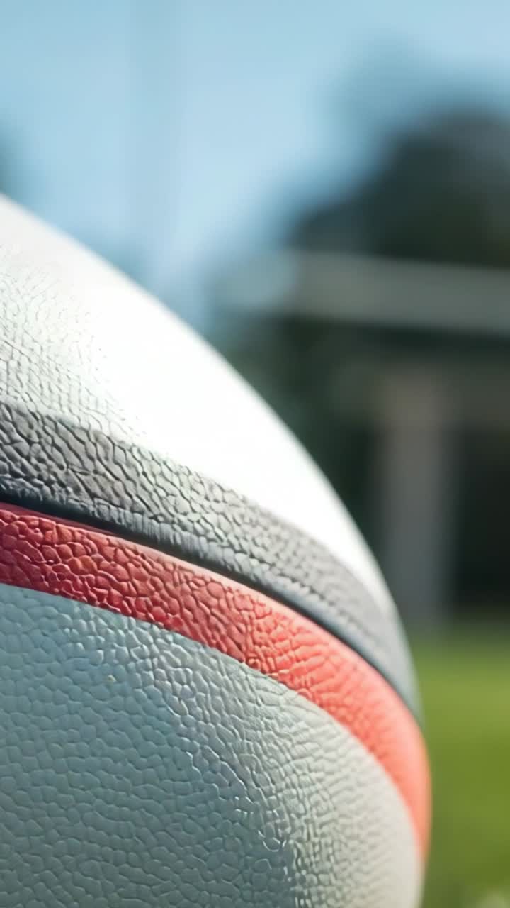 Vertical video: Opening textured basketball rotating on lawn, hoop pole silhouette, copy space