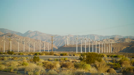 palm springs windmills in rows spinning at sunrise with the rugged san jacinto mountains rising behind them in california car pov