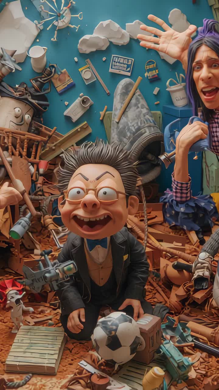 Vertical video: Guiding offscreen hand moving main puppet to pose in bowtie on set with soccer ball