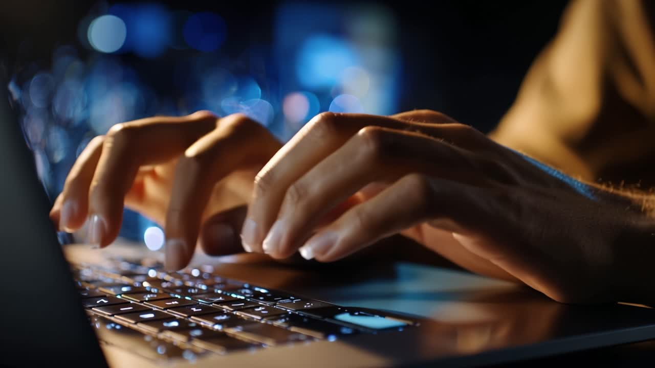 Focused Hands Typing on a Laptop Keyboard in a Dimly Lit Environment, Capturing the Essence of Productivity and Digital Engagement