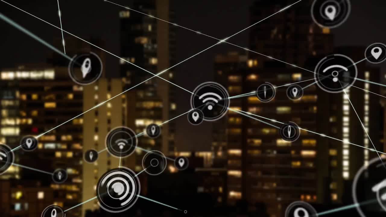 animación de la red de conexiones con iconos sobre el paisaje urbano