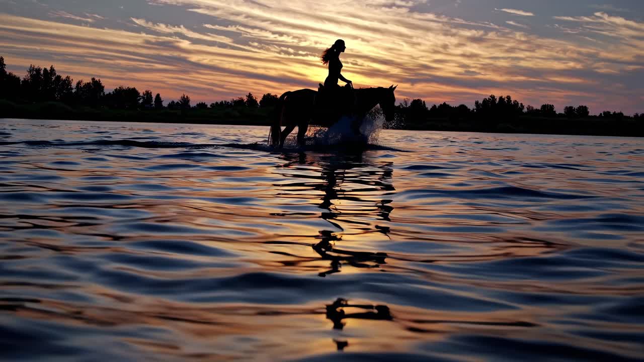 Woman Riding Horse in River at Sunset