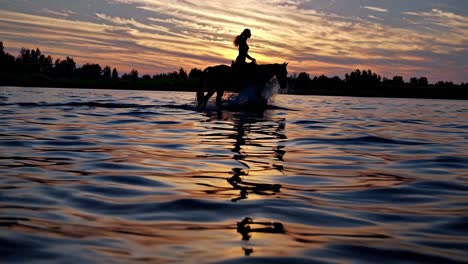 woman riding horse in river at sunset