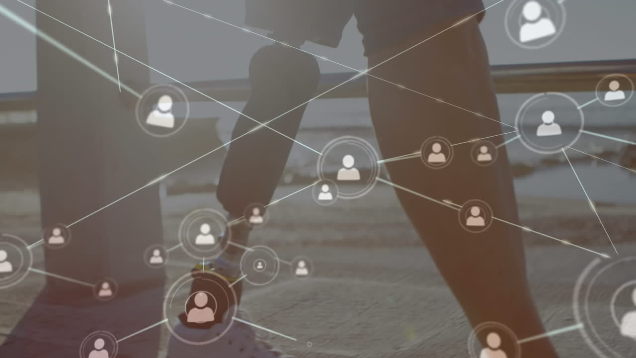 스마트폰을 사용하여 의수 다리를 가진 여성의 낮은 섹션에 대한 프로필 네트워크의 애니메이션.