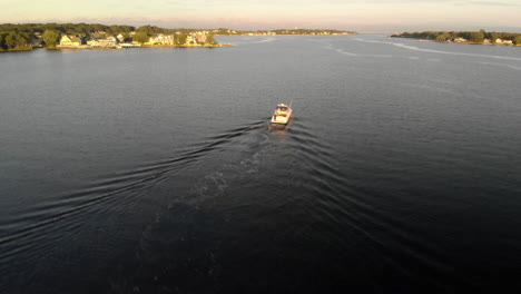 a solo motor boat speeds down a calm and empty river in a beauty tree covered neighborhood