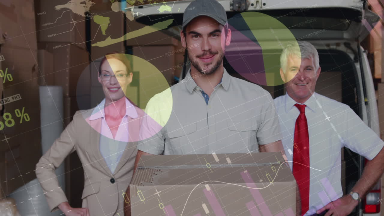 통계 및 재무 데이터 처리의 애니메이션 전달 관리자와 관리자와 함께