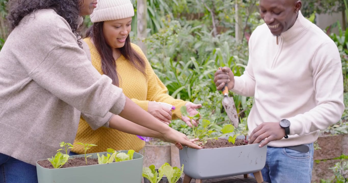 Afroamerikanske venner løsner jord med en håndskovl og planter derefter småplanter ved et træhavebord.
