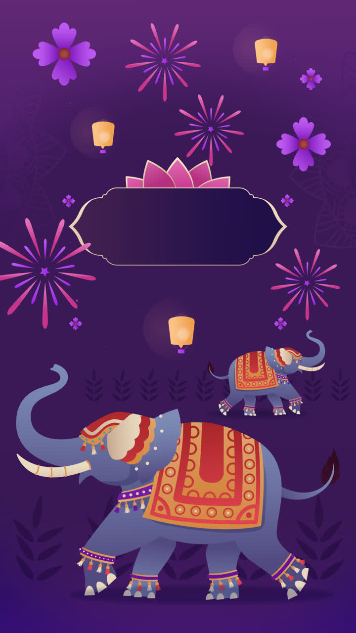 An animation of Gradient background for diwali festival celebration with elephants and lanterns