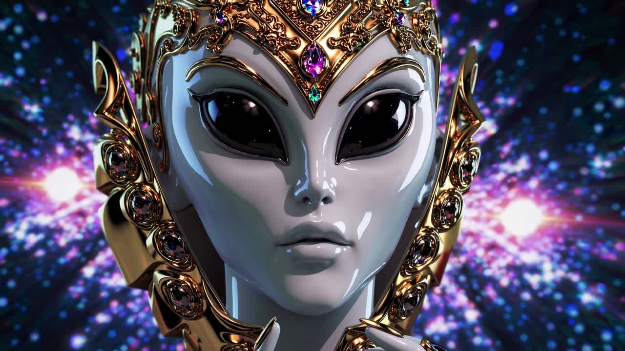 Alien queen with captivating black eyes and pale skin wears an ornate golden headdress, exuding regality against a backdrop of swirling cosmic colors