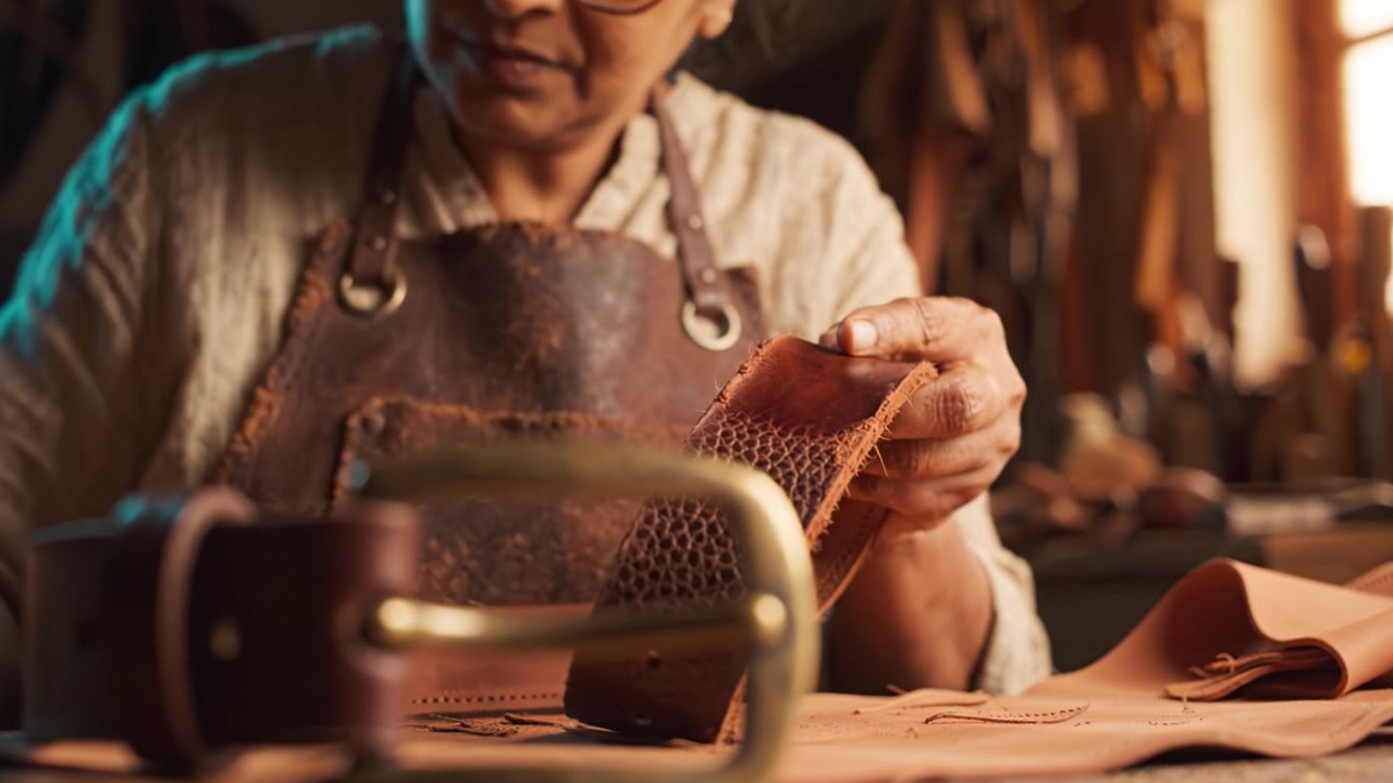 Artisan Craftsmanship: A Skilled Leatherworker Focuses on Creating Handcrafted Leather Goods with Precision and Care in a Traditional Workshop Setting