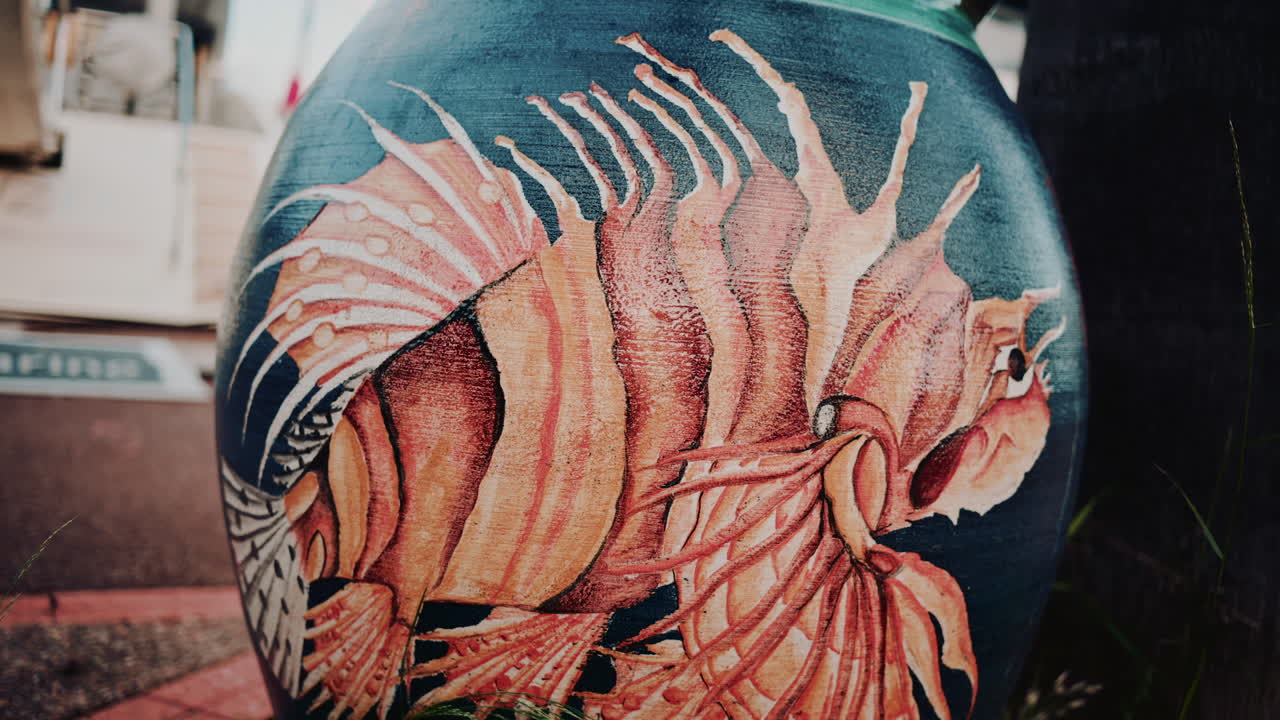 Vallauris, France - November 16, 2025: Close up of a painted vase, featuring a detailed fish design in warm colors