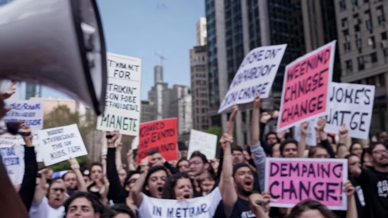 Close-up, eye-level shot of a person shouting into a megaphone at a protest, capturing the energy