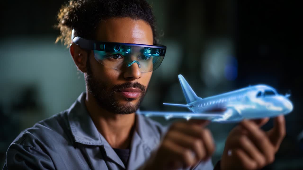 Aviation Innovation: A Skilled Engineer Examines a Cutting-Edge Holographic Aircraft Model Using Advanced Augmented Reality Technology in a Modern Laboratory Setting