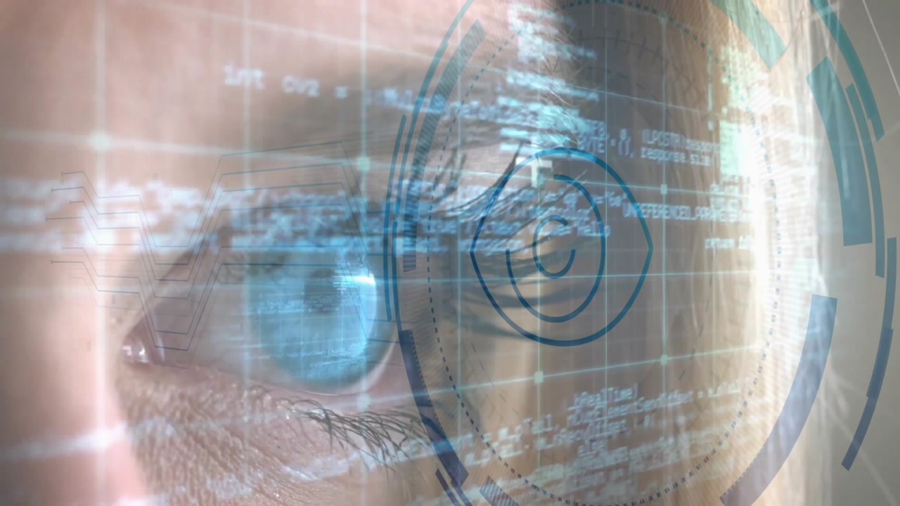 Beginning with closed eye fading HUD rings rotating opening lid, code scrolling completing scan