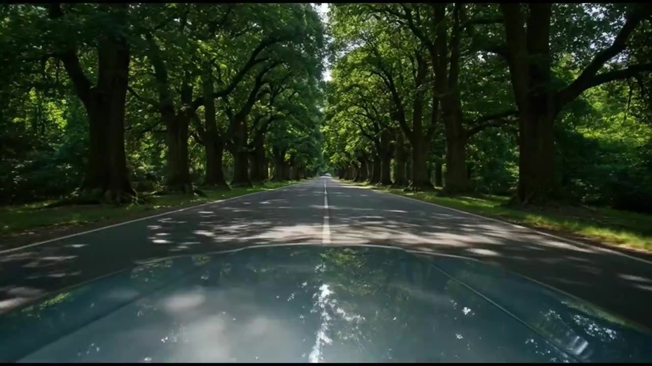 Driving Through a Scenic Tree-Lined Country Road