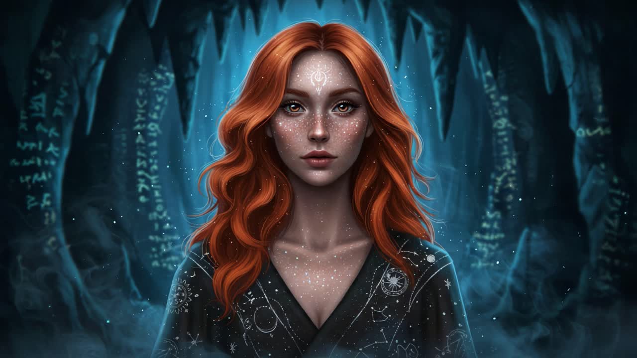 Enchanting Sorceress in a Mystical Cave: A Captivating Journey Through Magical Realms and Cosmic Secrets with a Red-Haired Spellcaster in an Ethereal Atmosphere