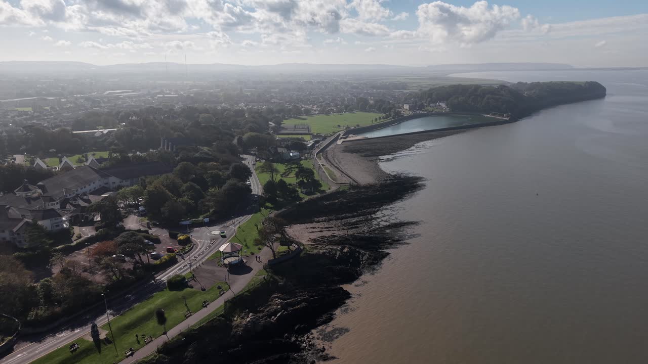 Drone shot of Clevedon Beach and Town, Somerset, England