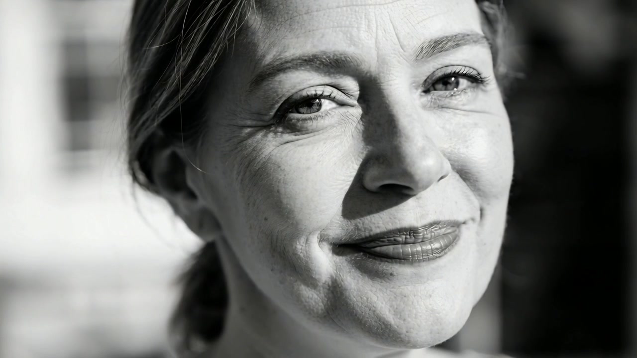 Smiling woman with hair tied back reacting to sunlight, softening smile near facade with lipstick