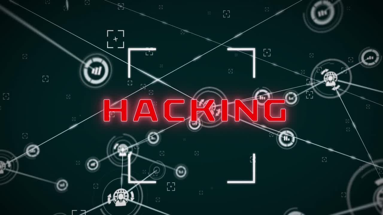 Animation of hacking text with viewfinder and connected graph and person, globe icons