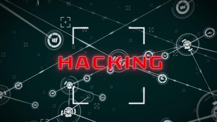 Animation of hacking text with viewfinder and connected graph and person, globe icons