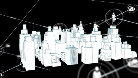Animation of network of connections with icons over 3d city drawing