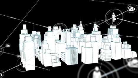 animation of network of connections with icons over 3d city drawing