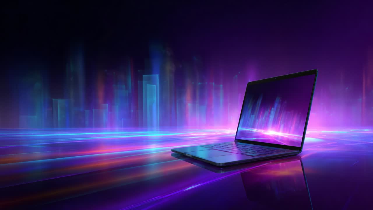 A Vibrant Display of Digital Innovation: An Open Laptop on a Shiny Surface Surrounded by Pulsating Lights and Abstract Patterns, Highlighting the Intersection of Technology and Creativity in a Futuristic Environment
