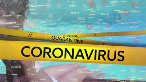 video compuesto digital de cintas amarillas de la policía con texto de advertencia de cuarentena de coronavirus y covid-19