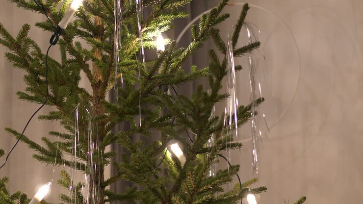 Persona che decora un vero albero di Natale a casa.