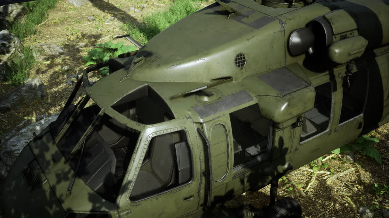 Helicopter resting on lush green terrain during bright daylight hours