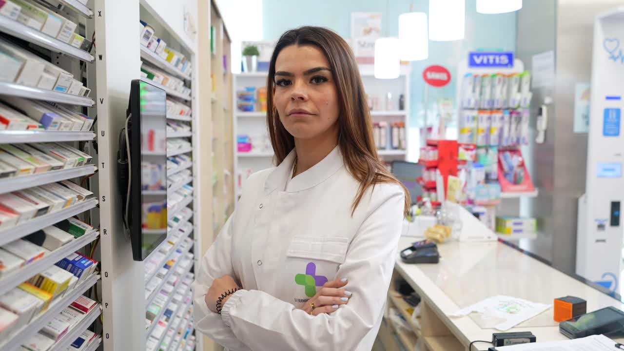 Jovem Farmacêutica Confiante de Pé em uma Farmácia Moderna