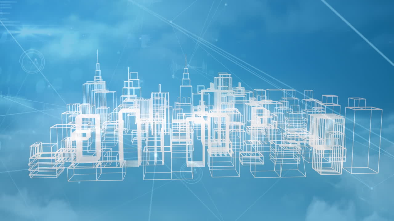 animación de la red de conexiones sobre la ciudad y las nubes