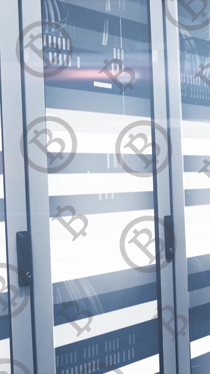 Animazione di bitcoin su linee bianche e sala server