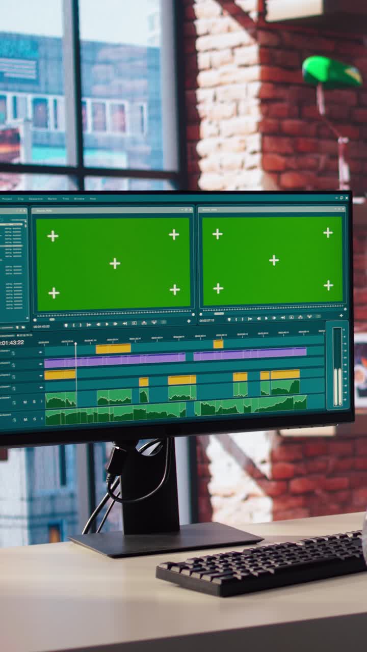 Vertical video Video editor analyzing film montage on chroma key computer